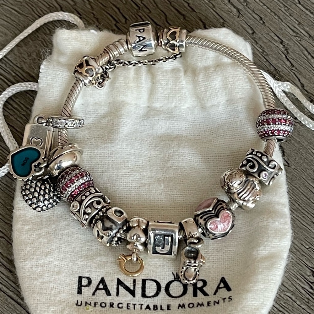 SOLD…AUTHENTIC PANDORA SS Bracelet with SS and 14k Gold Charms - Picture 1 of 15